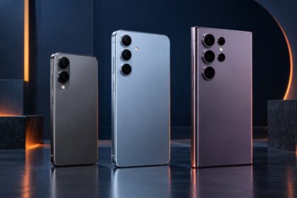 Trei telefoane flagship generice de dimensiuni diferite, pe fundal bleumarin cu accente portocalii