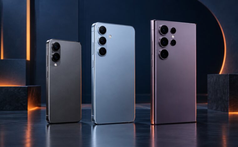 Trei telefoane flagship generice de dimensiuni diferite, pe fundal bleumarin cu accente portocalii