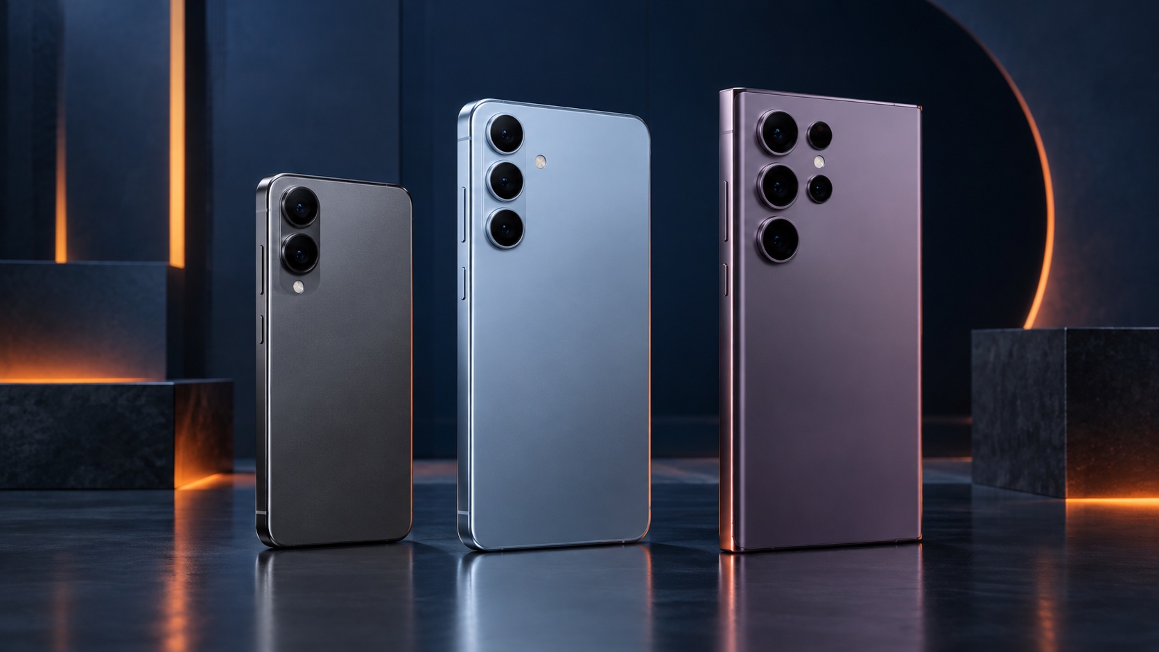 Trei telefoane flagship generice de dimensiuni diferite, pe fundal bleumarin cu accente portocalii