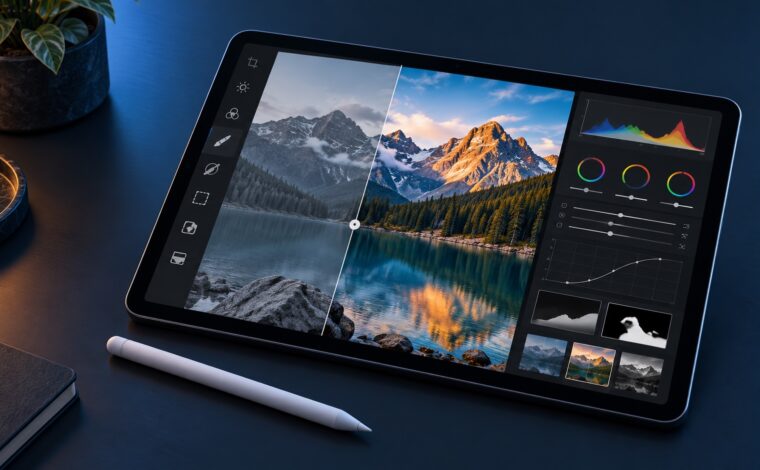 Tabletă cu stylus folosită pentru corecție de culoare și editarea unei fotografii montane