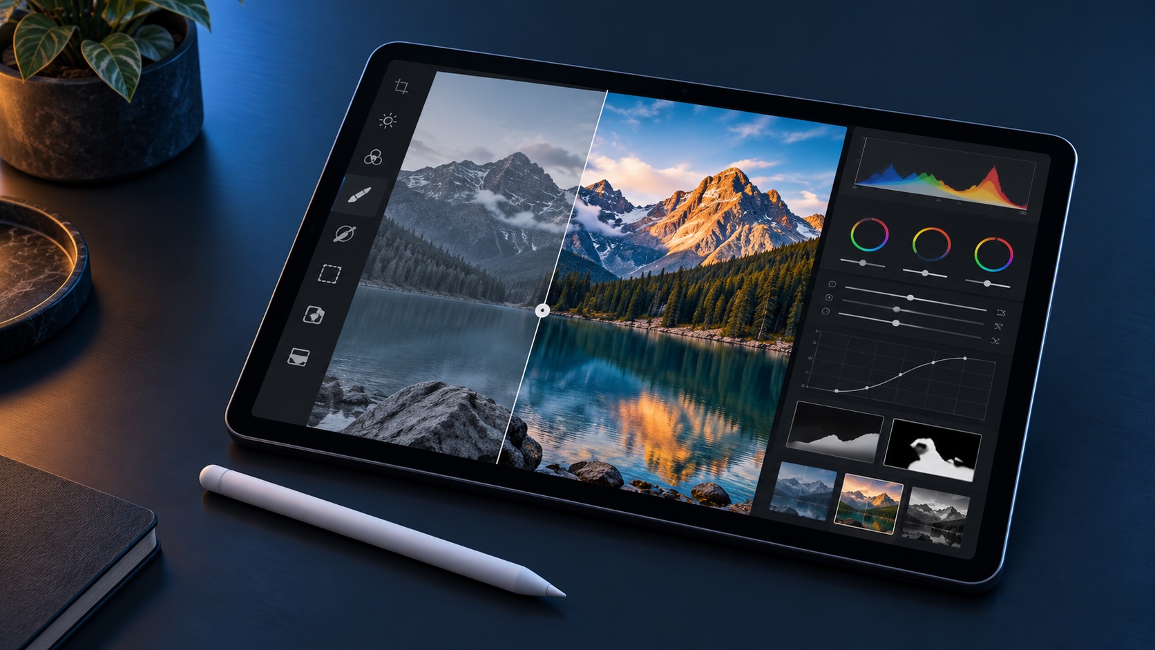 Tabletă cu stylus folosită pentru corecție de culoare și editarea unei fotografii montane