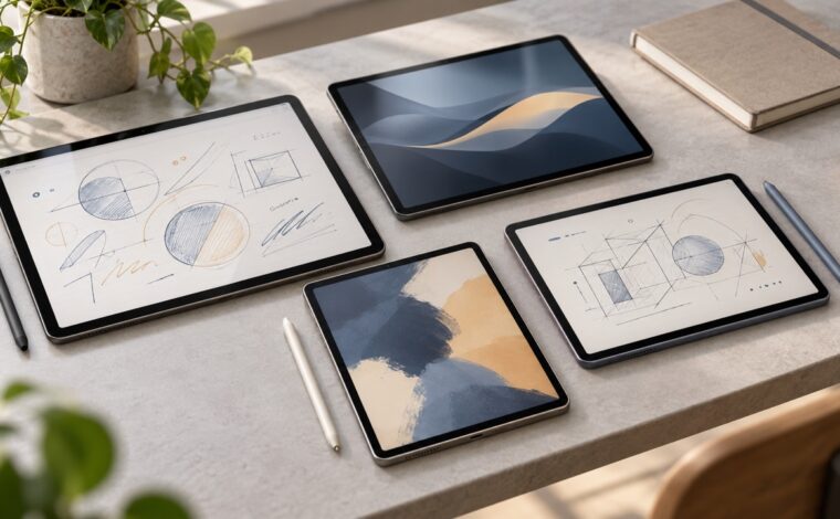Patru tablete cu stylus pregătite pentru notițe și schițe