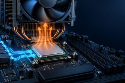 Procesor generic pe o placă de bază, cu energie albastră și căldură portocalie transferată către radiator și ventilator