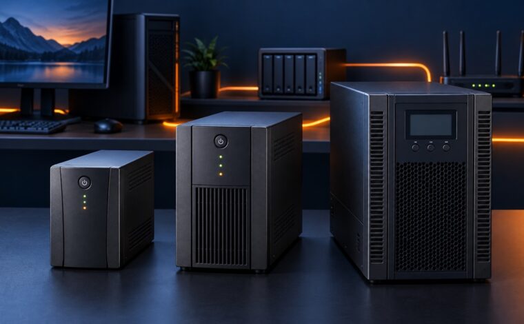 Trei UPS-uri generice de dimensiuni diferite lângă un PC, un NAS și un router