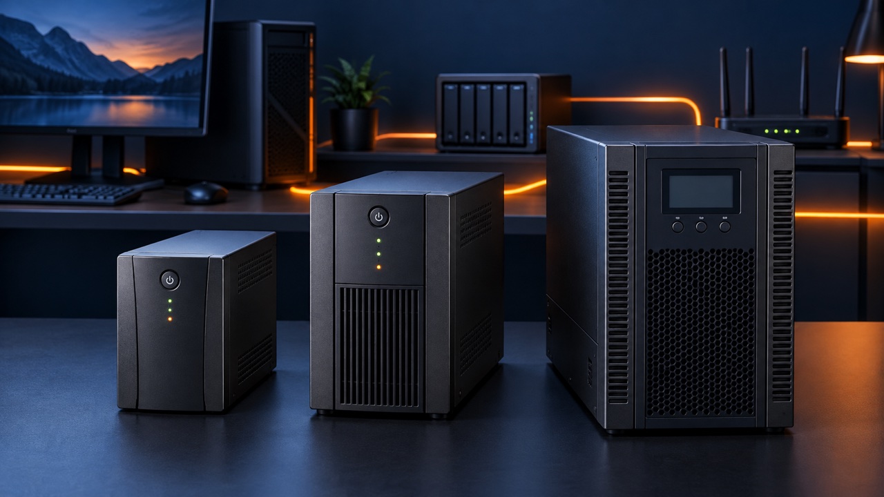 Trei UPS-uri generice de dimensiuni diferite lângă un PC, un NAS și un router